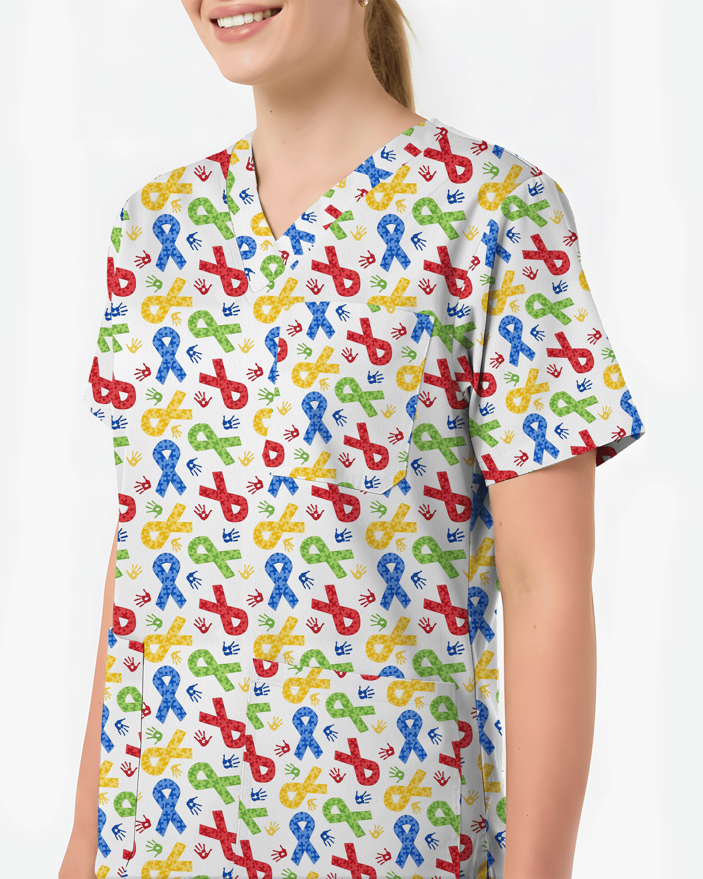 Autism Awareness Ribbon & Handprint Nurse Scrub Top - Scrubloop