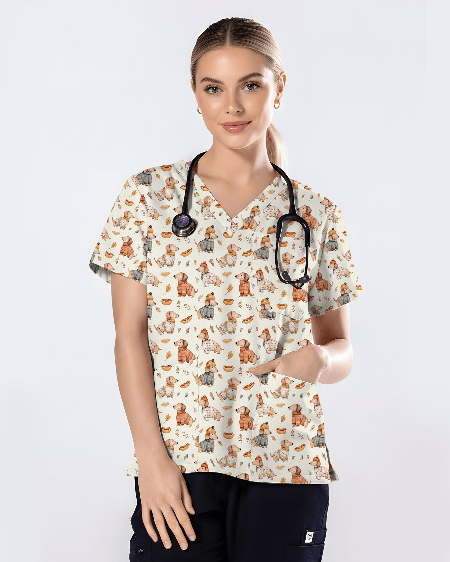 Autumn Dachshund Sweater Weather Nurse Scrub Top - Scrubloop