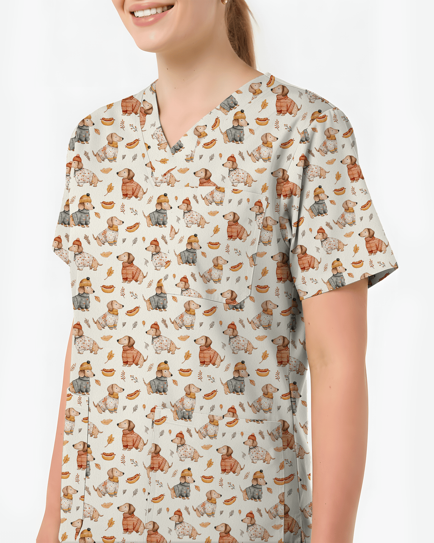 Autumn Dachshund Sweater Weather Nurse Scrub Top - Scrubloop