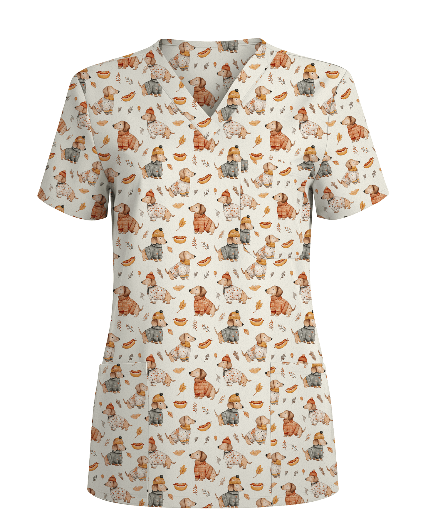 Autumn Dachshund Sweater Weather Nurse Scrub Top - Scrubloop