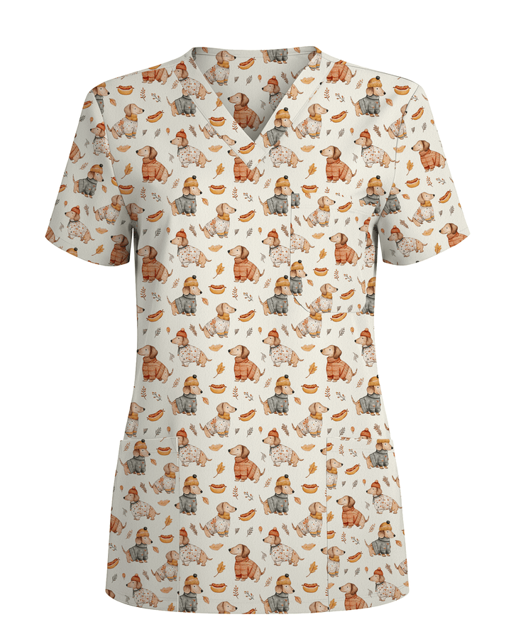 Autumn Dachshund Sweater Weather Nurse Scrub Top