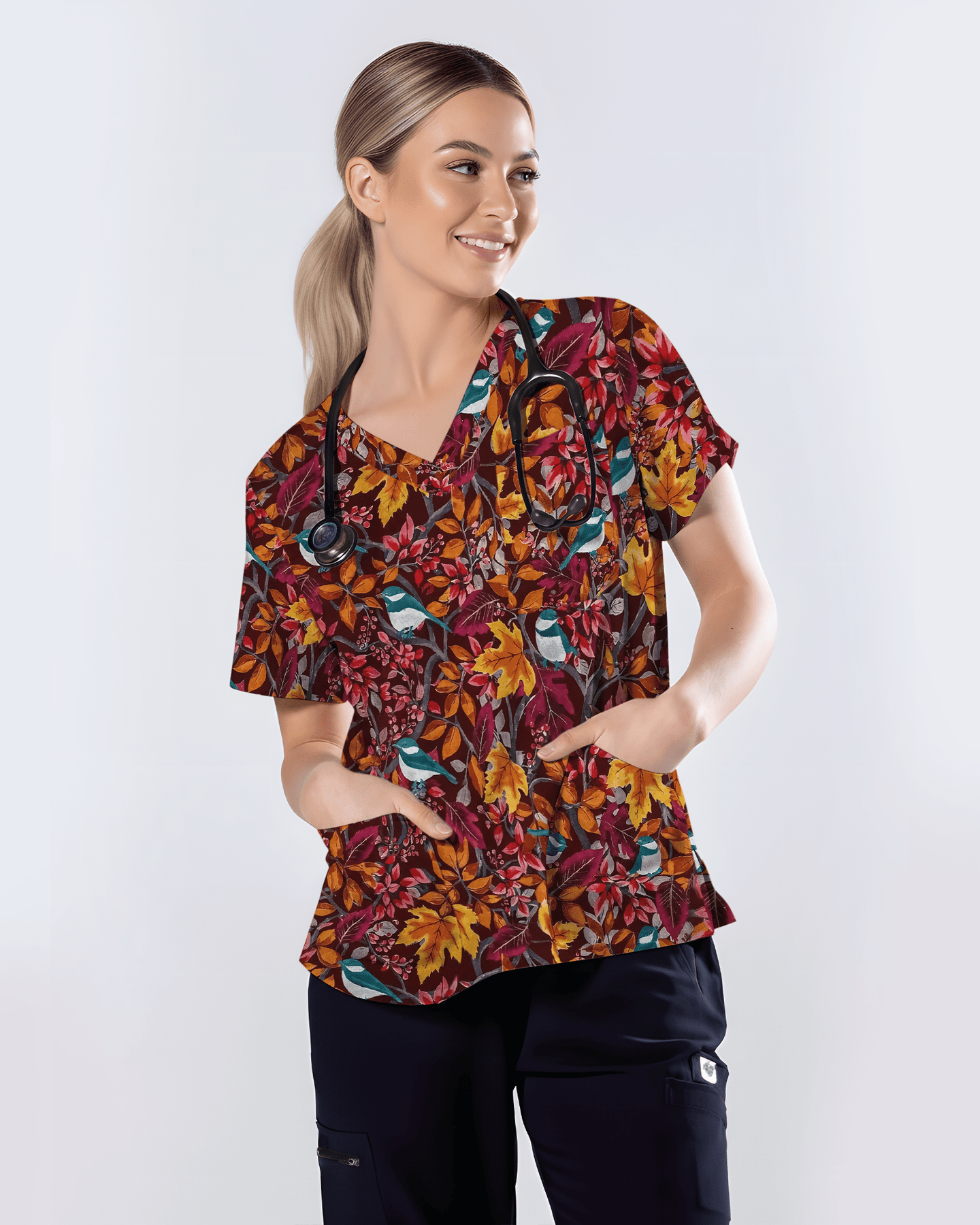 Autumn Fall Maple Leaves Bluebird Nurse Scrub Top - Scrubloop