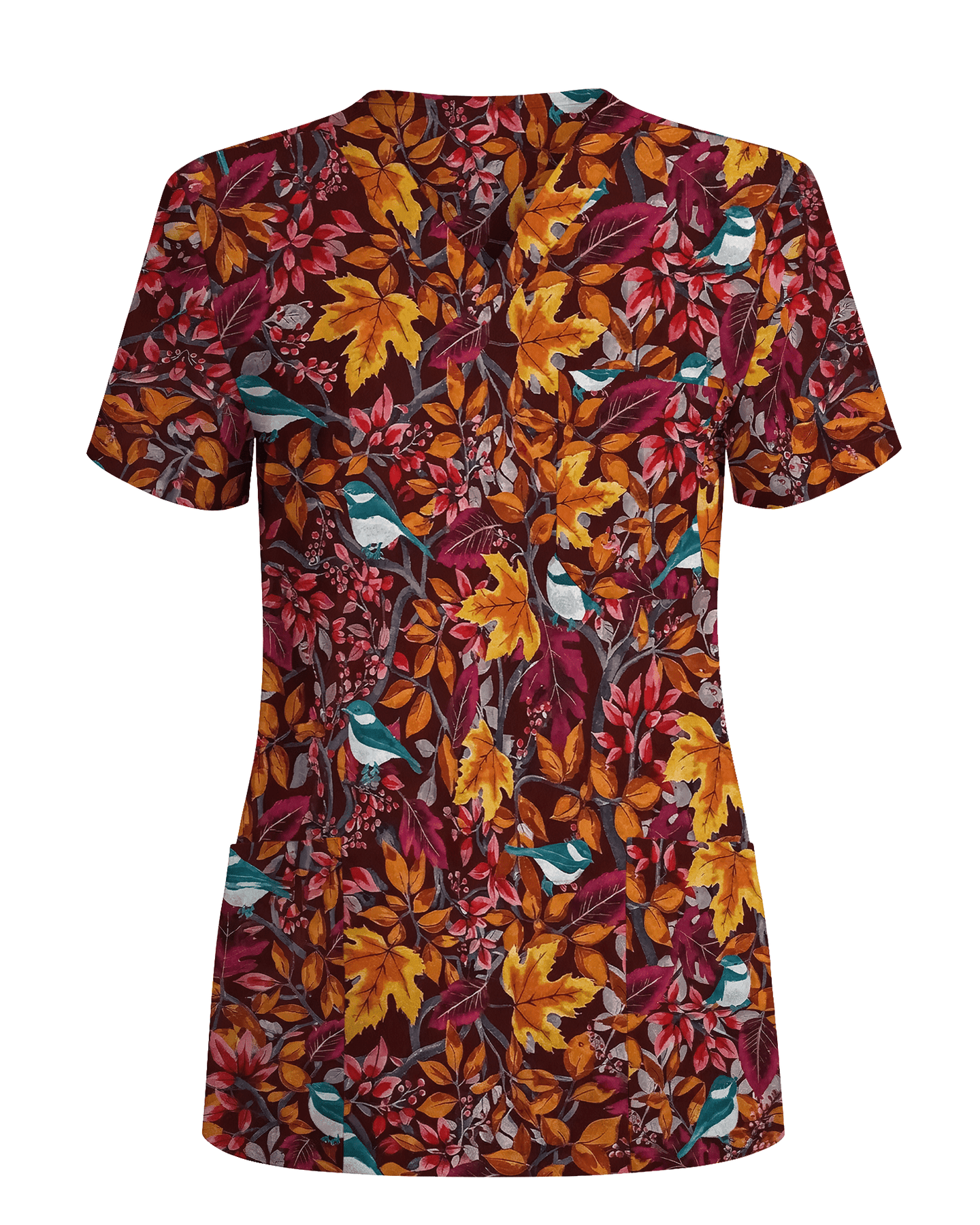 Autumn Fall Maple Leaves Bluebird Nurse Scrub Top - Scrubloop