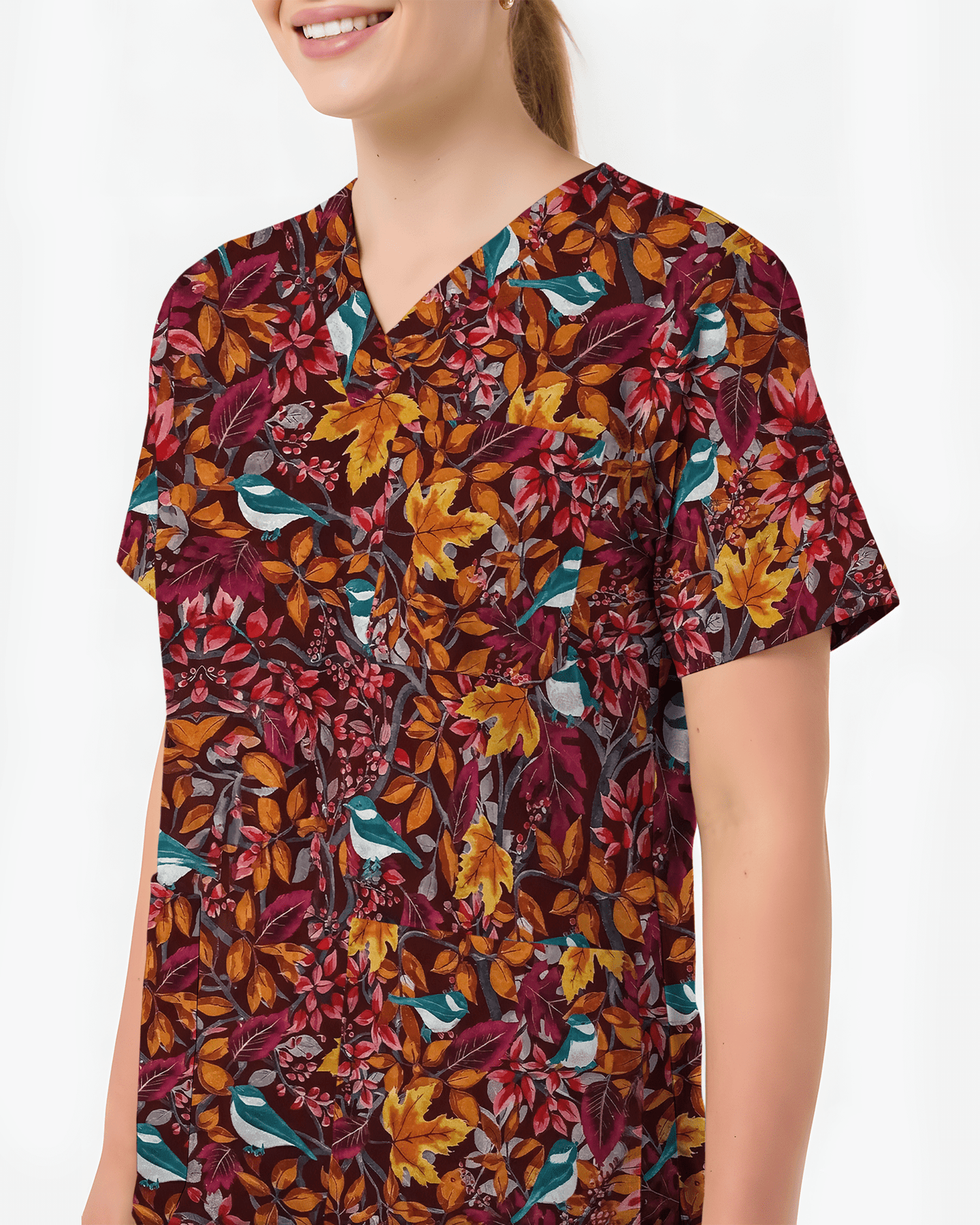 Autumn Fall Maple Leaves Bluebird Nurse Scrub Top - Scrubloop
