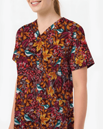 Autumn Fall Maple Leaves Bluebird Nurse Scrub Top - Scrubloop
