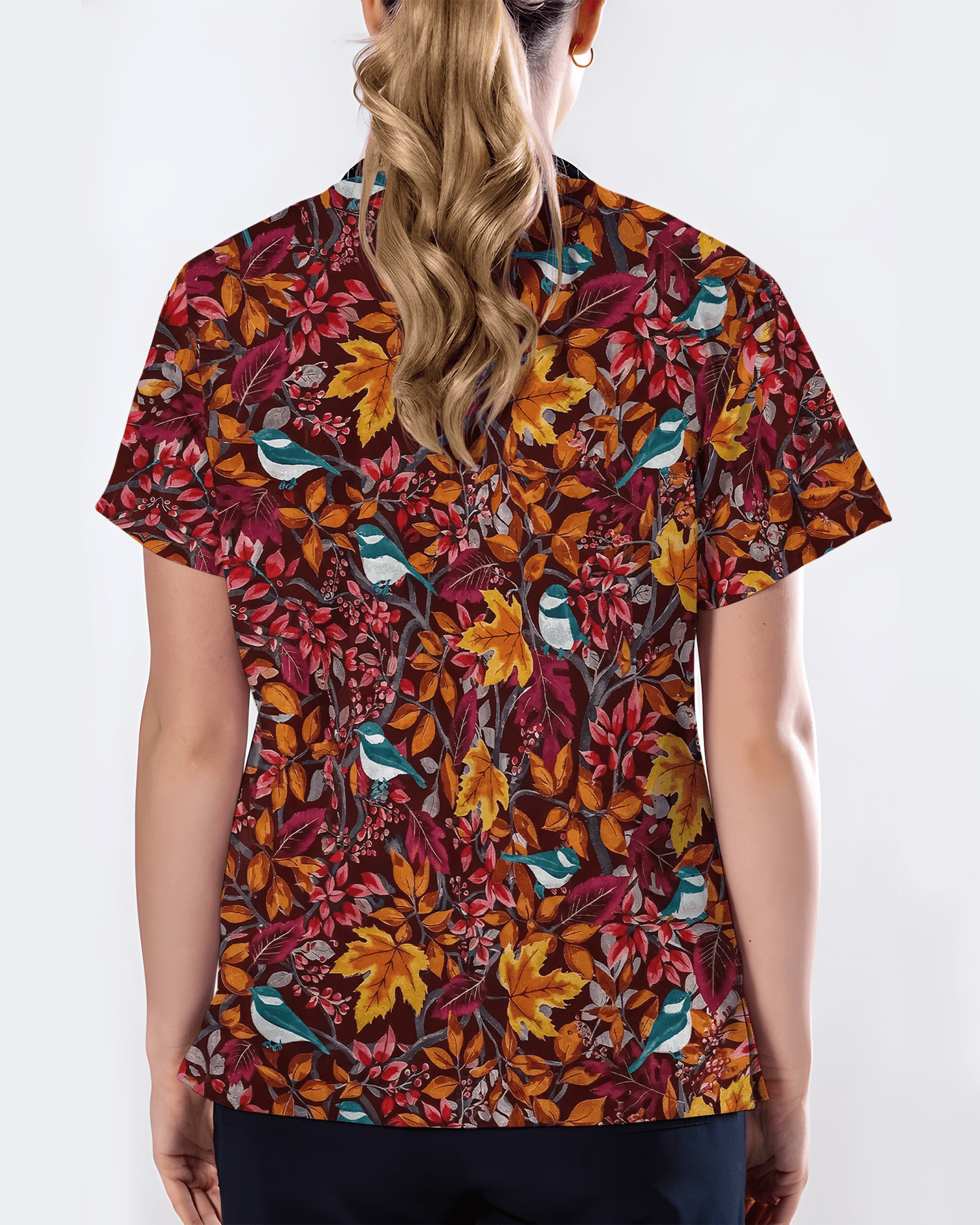 Autumn Fall Maple Leaves Bluebird Nurse Scrub Top - Scrubloop