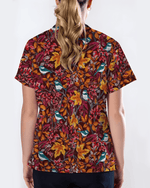 Autumn Fall Maple Leaves Bluebird Nurse Scrub Top - Scrubloop