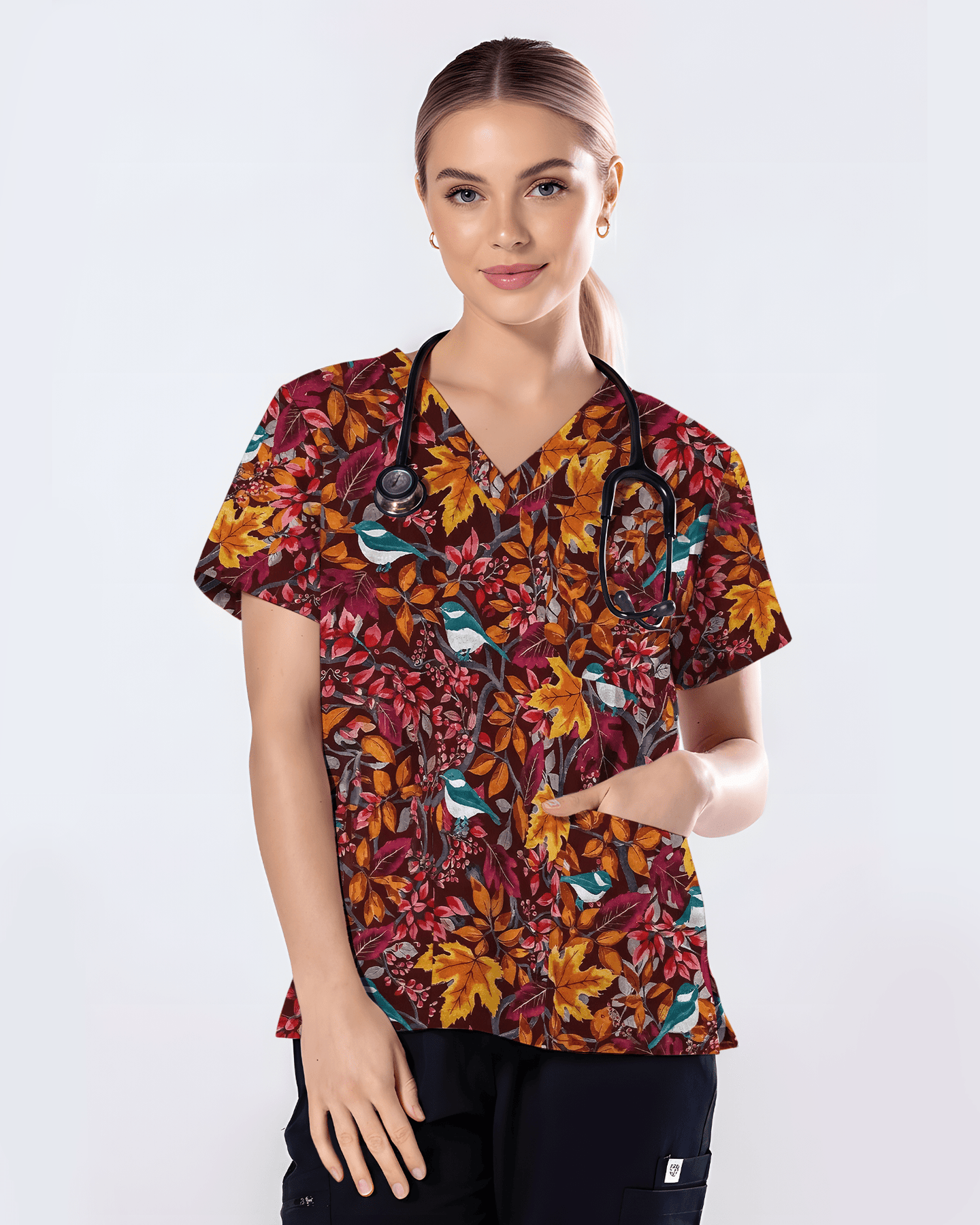 Autumn Fall Maple Leaves Bluebird Nurse Scrub Top - Scrubloop