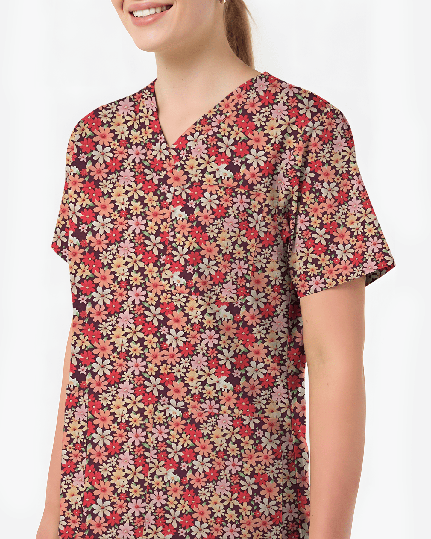 Autumn Meadow Floral Women Scrub Top - Scrubloop