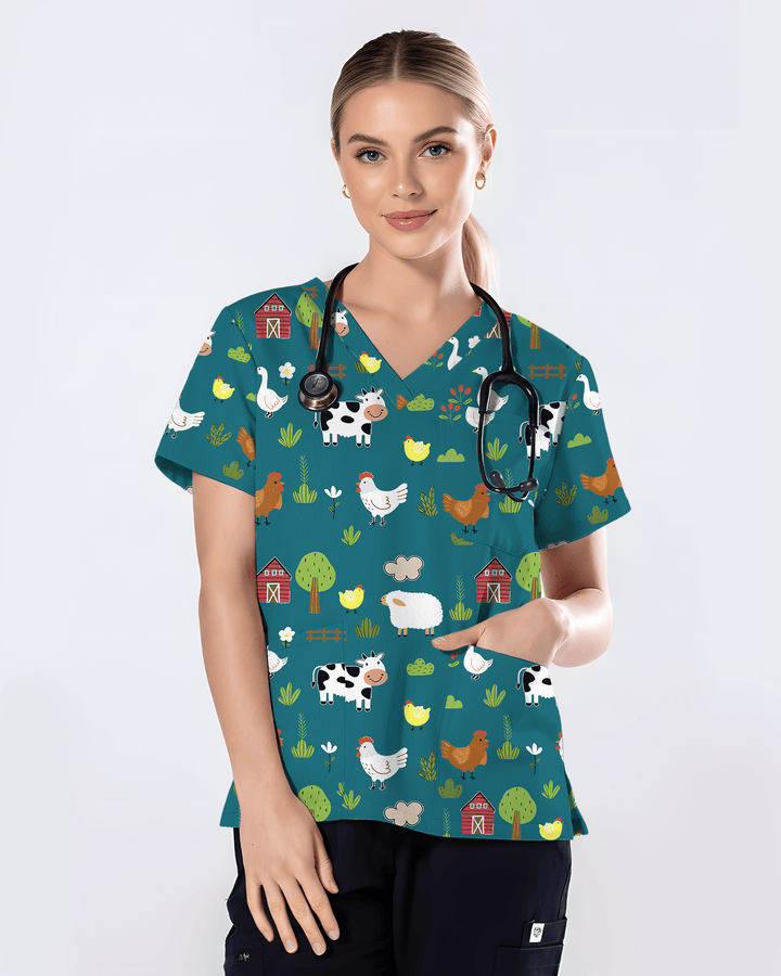 Barnyard Buddies Happy Farm Friends Women Scrub Top