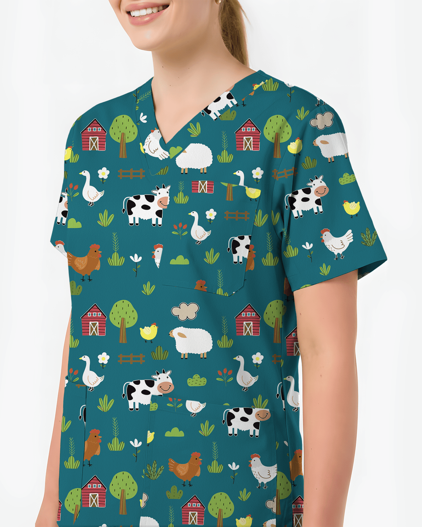 Barnyard Buddies Happy Farm Friends Women Scrub Top - Scrubloop