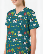Barnyard Buddies Happy Farm Friends Women Scrub Top - Scrubloop