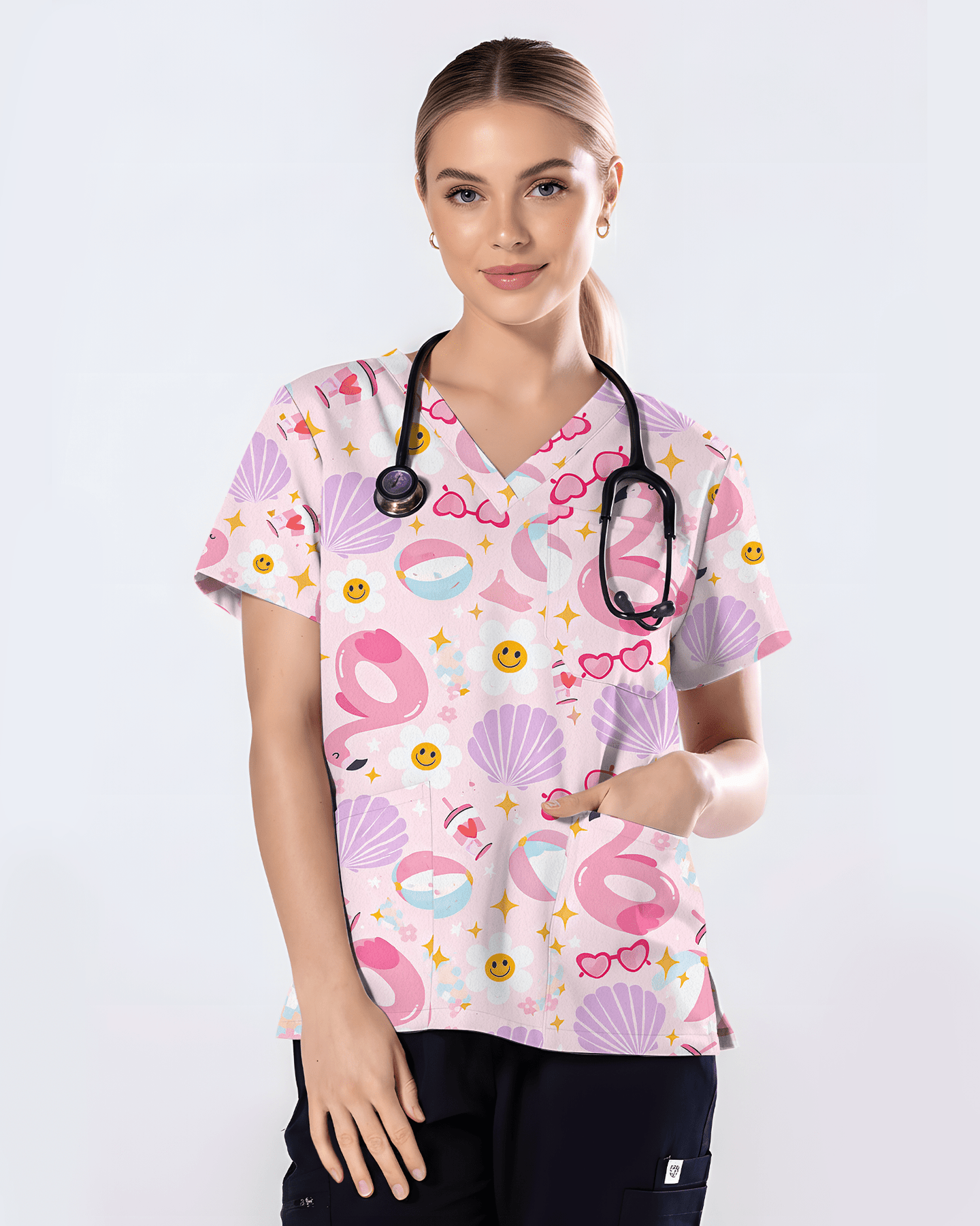 Beachy Vibes Coastal Sunshine Escape Women Scrub Top - Scrubloop
