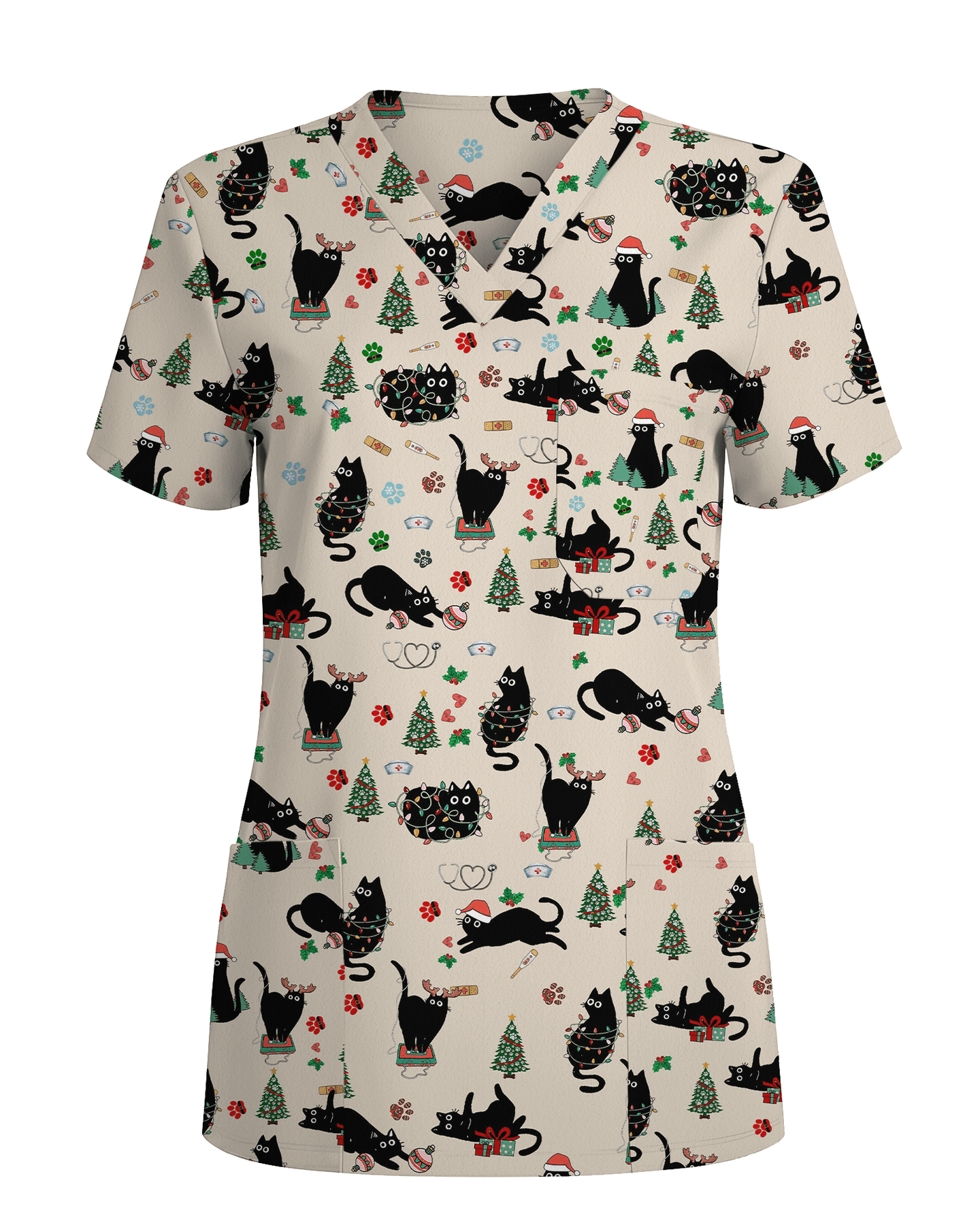 Black Cat Christmas Nurse Festive Women Scrub Top - Scrubloop