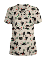 Black Cat Christmas Nurse Festive Women Scrub Top - Scrubloop