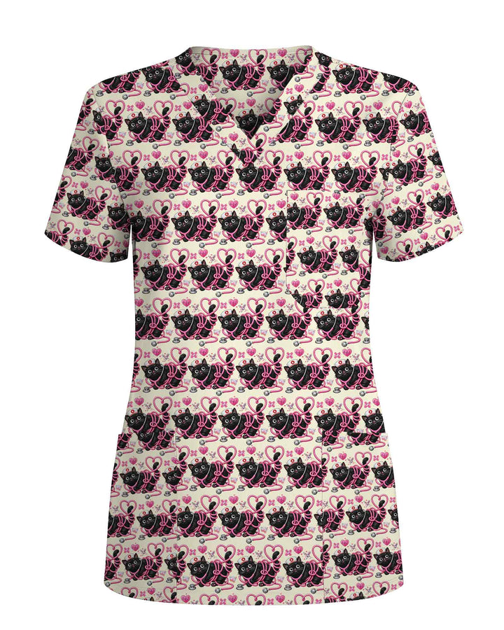 Black Cat Heart Stethoscope Medical Scrub Top