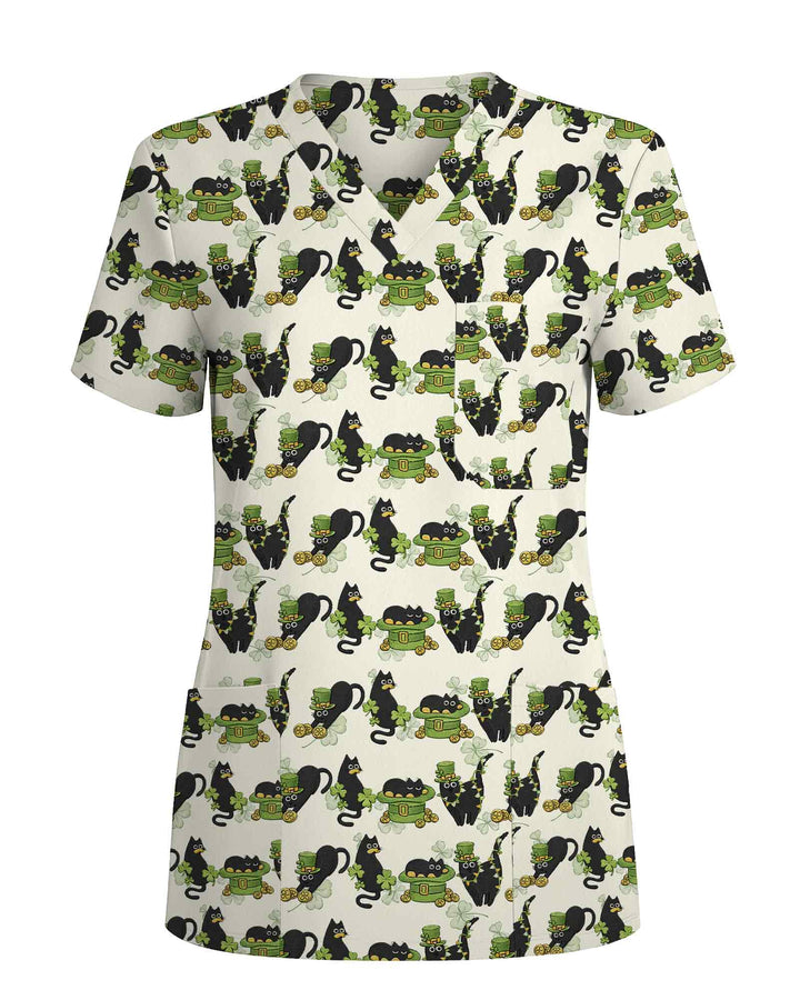 Black Cat Leprechaun Hat Medical Scrub Top