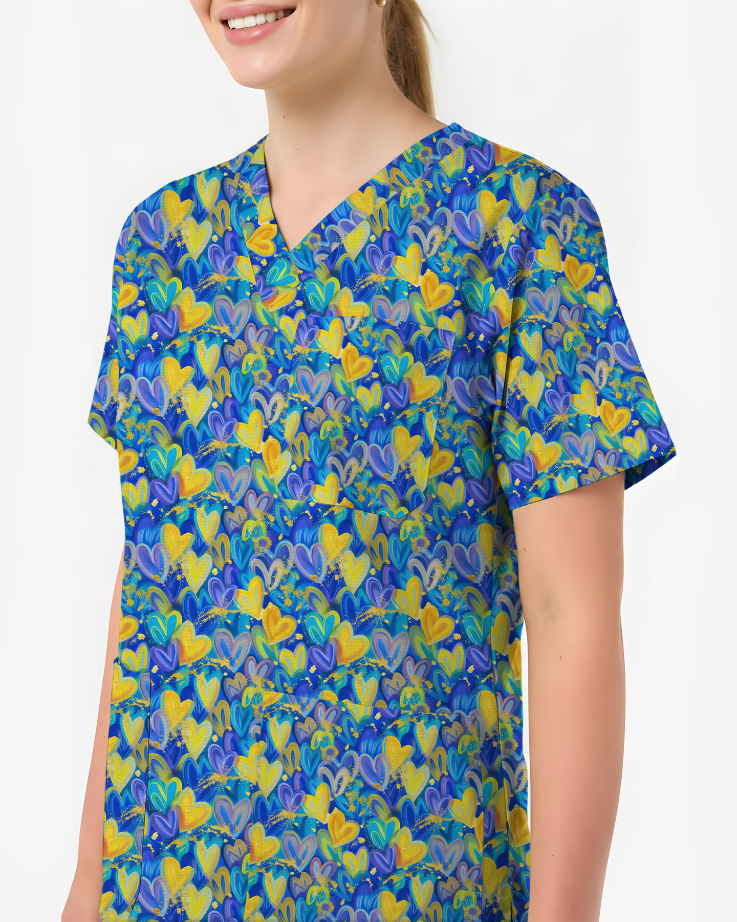 Blue and Yellow Heart Art Nurse Scrub Top - Scrubloop