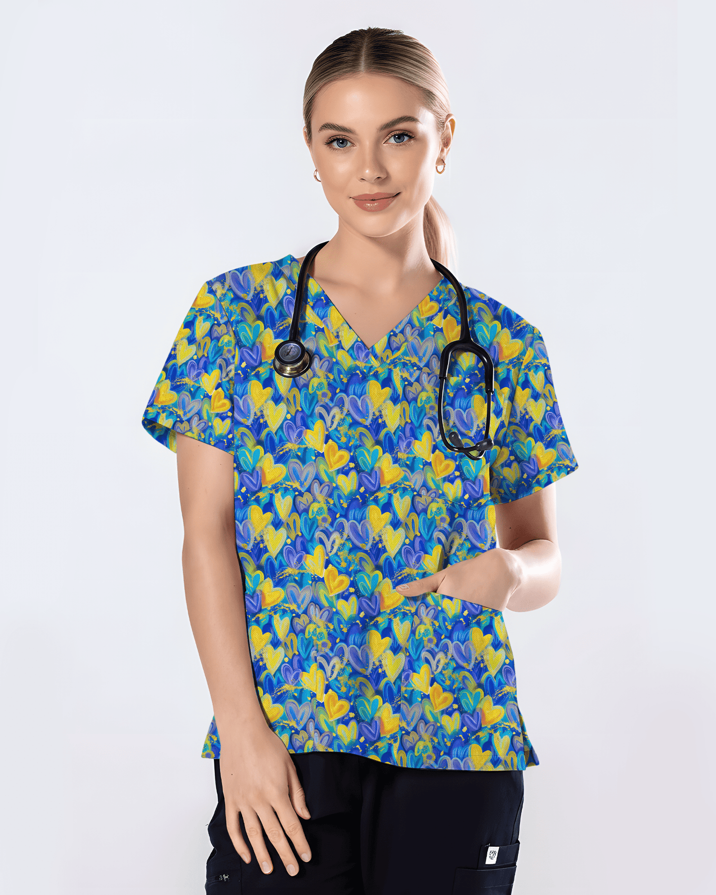 Blue and Yellow Heart Art Nurse Scrub Top - Scrubloop