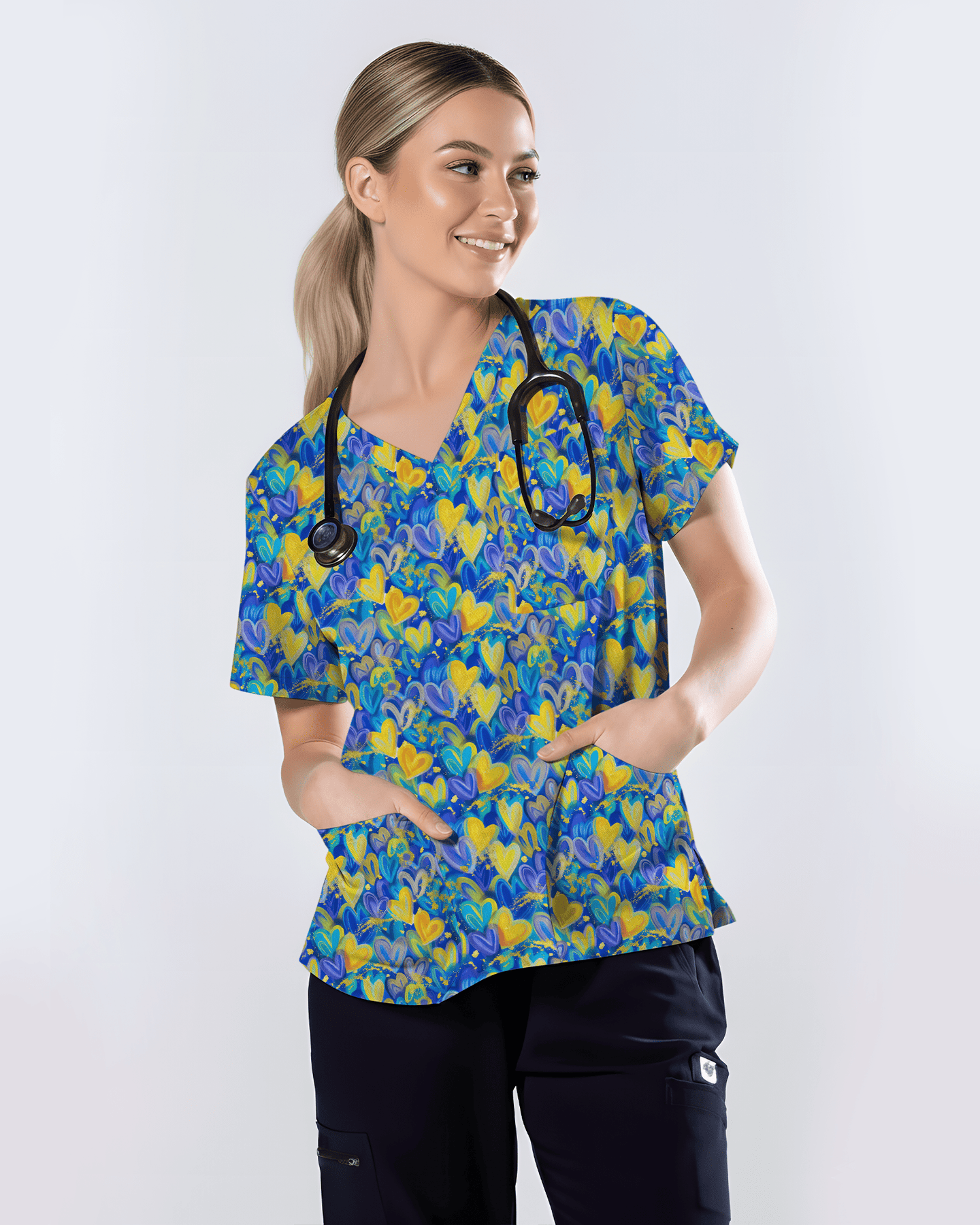 Blue and Yellow Heart Art Nurse Scrub Top - Scrubloop