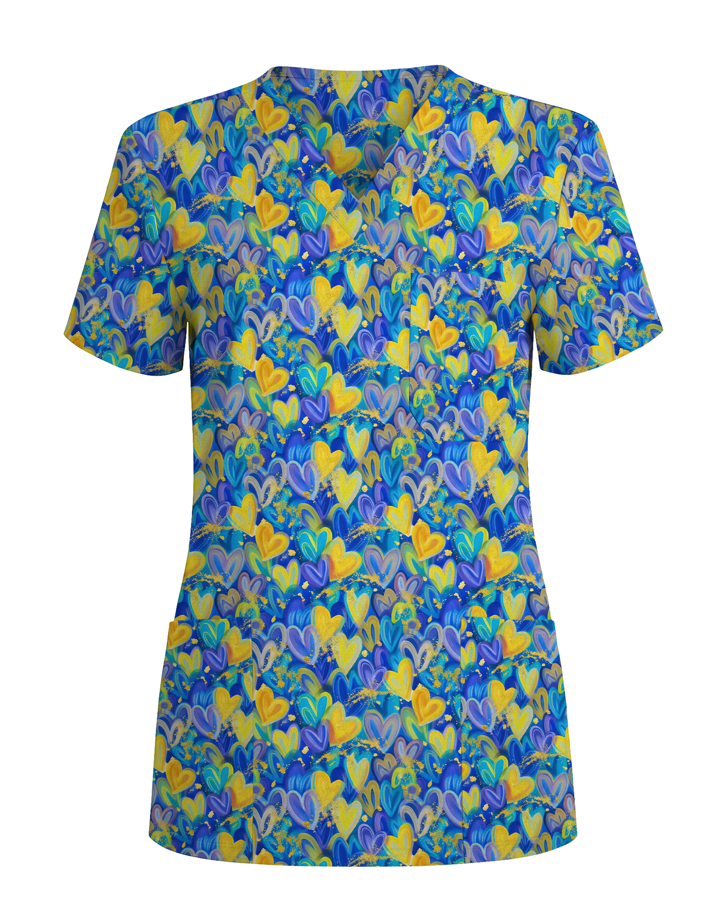 Blue and Yellow Heart Art Nurse Scrub Top - Scrubloop