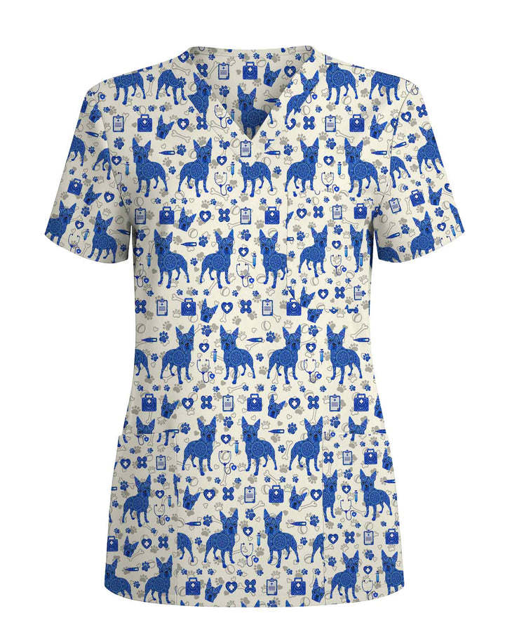 Blue Heeler Dot Art Scrub Top