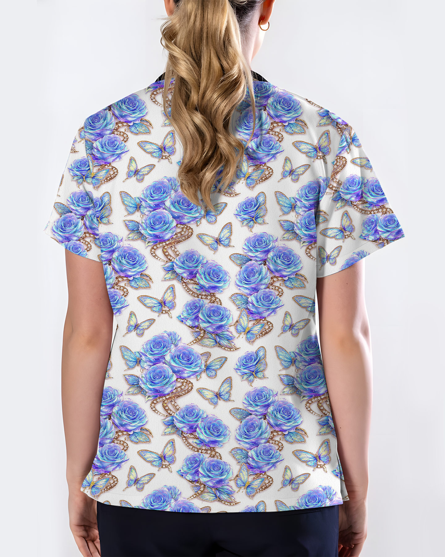 Blue Rose Jewelry & Butterfly Nurse Scrub Top - Scrubloop
