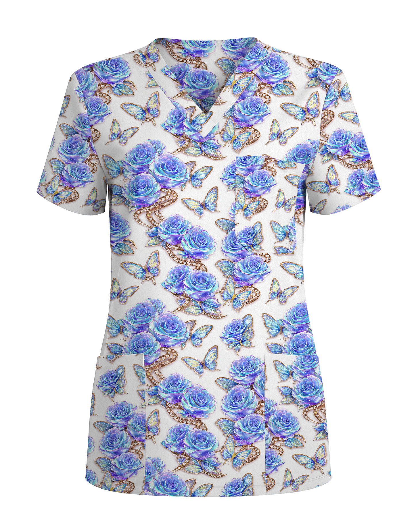 Blue Rose Jewelry & Butterfly Nurse Scrub Top - Scrubloop