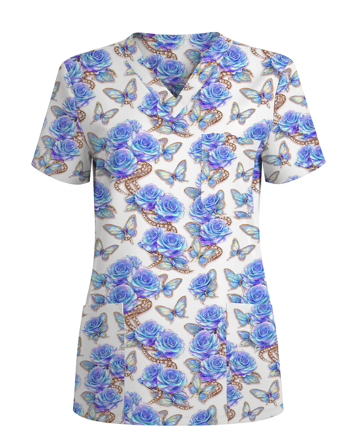 Blue Rose Jewelry & Butterfly Nurse Scrub Top