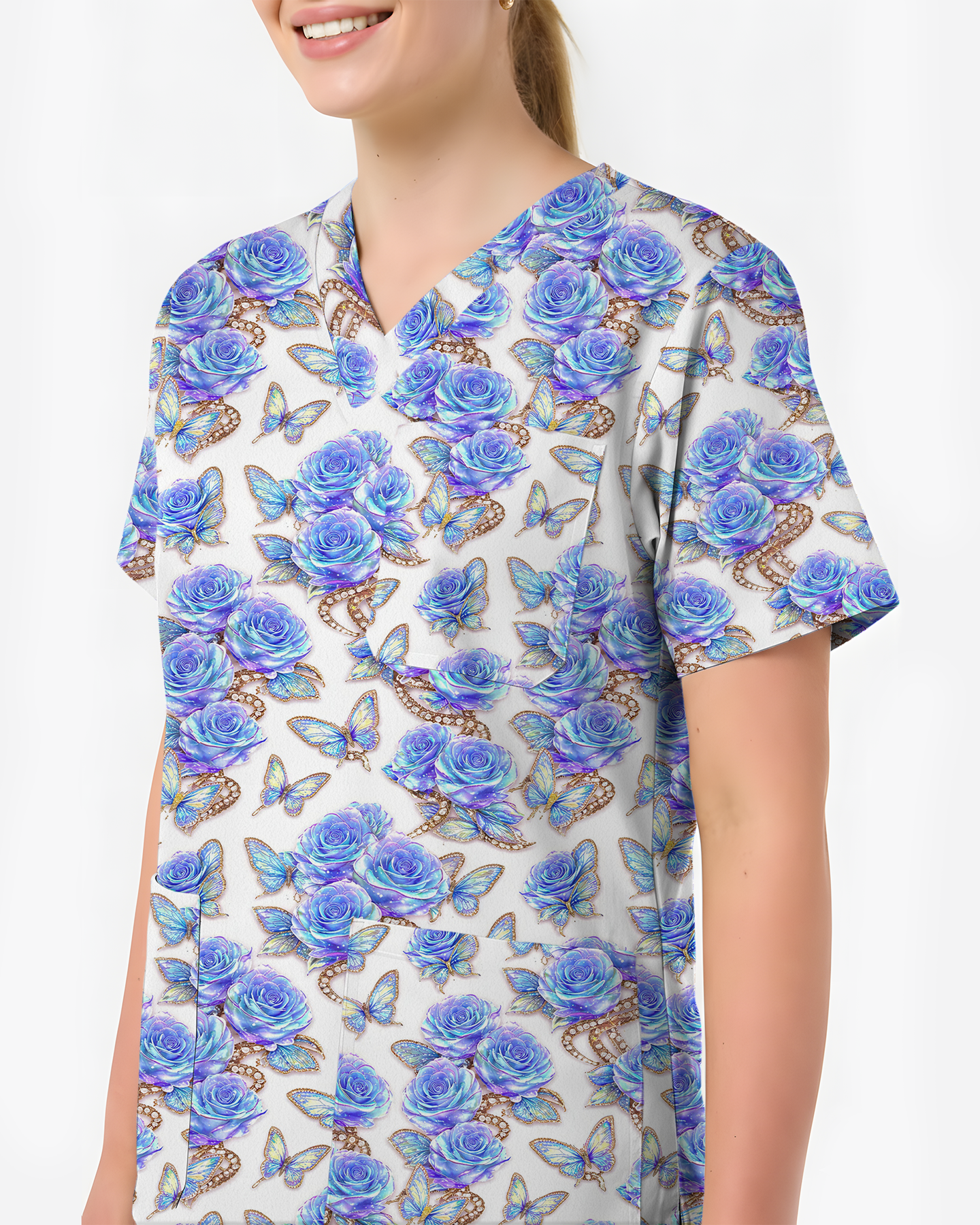 Blue Rose Jewelry & Butterfly Nurse Scrub Top - Scrubloop