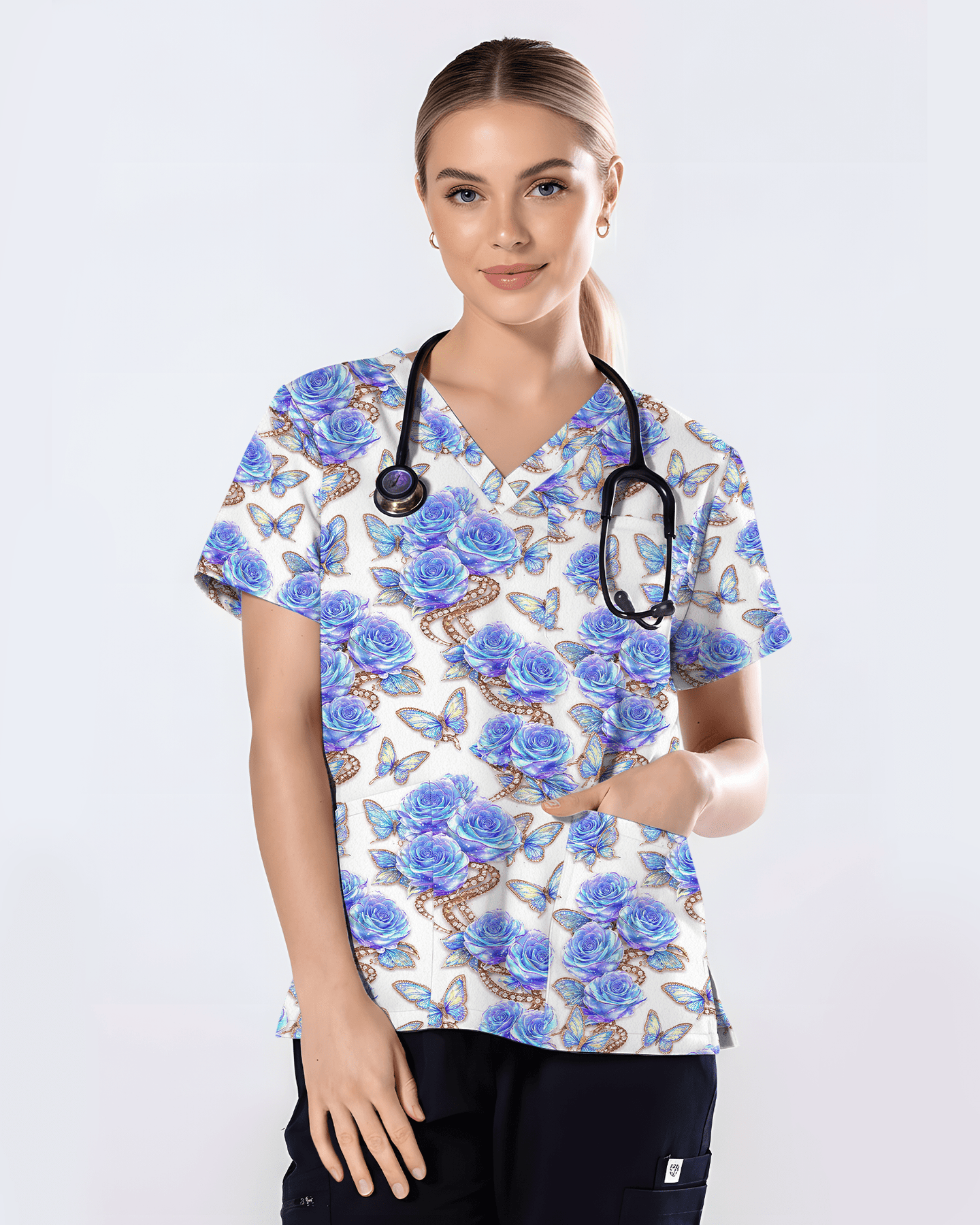 Blue Rose Jewelry & Butterfly Nurse Scrub Top - Scrubloop