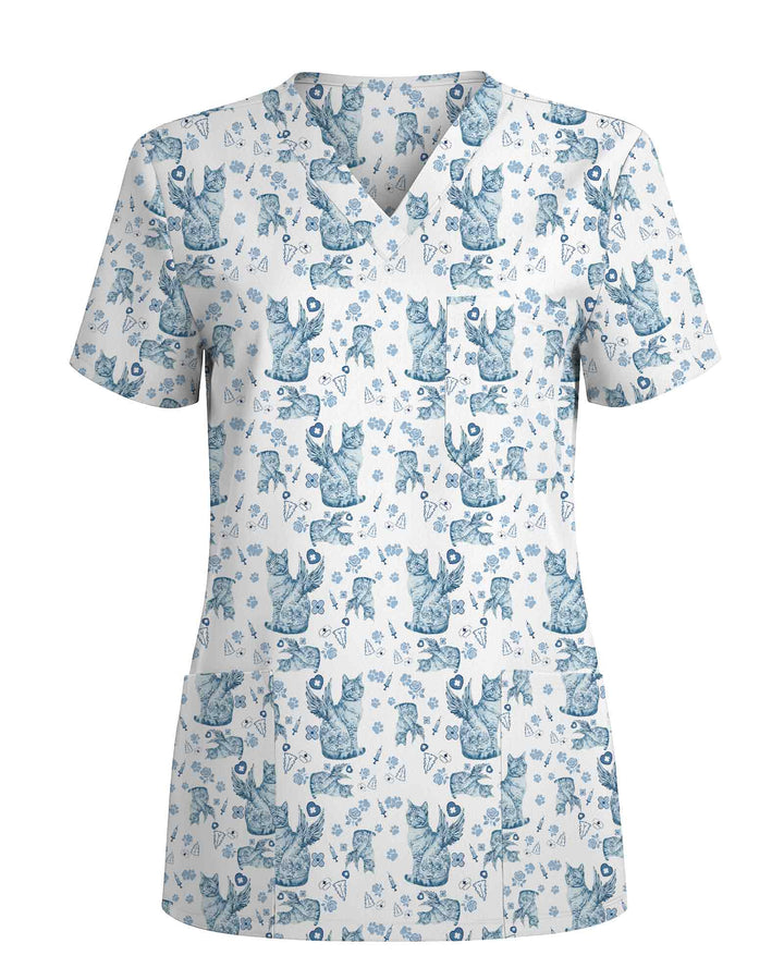 Blue Toile De Jouy Angel Cat Scrub Top