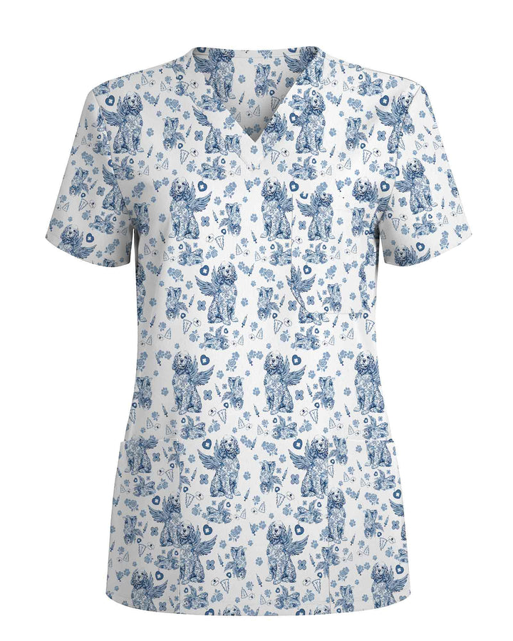 Blue Toile De Jouy Angel Dog Scrub Top