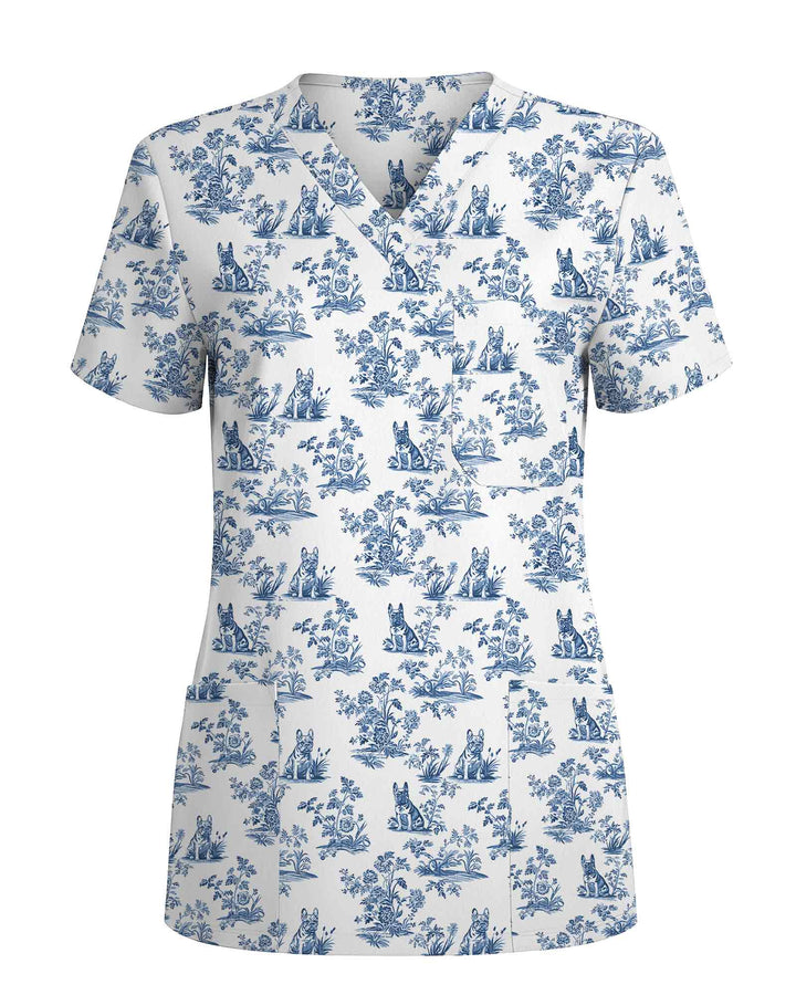 Blue Toile French Bulldog Scrub Top