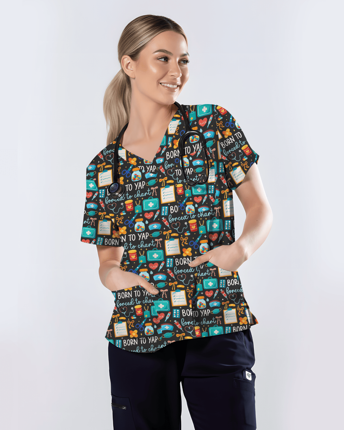 Born To Yap Forced To Chart Funny Nurse Scrub Top - Scrubloop