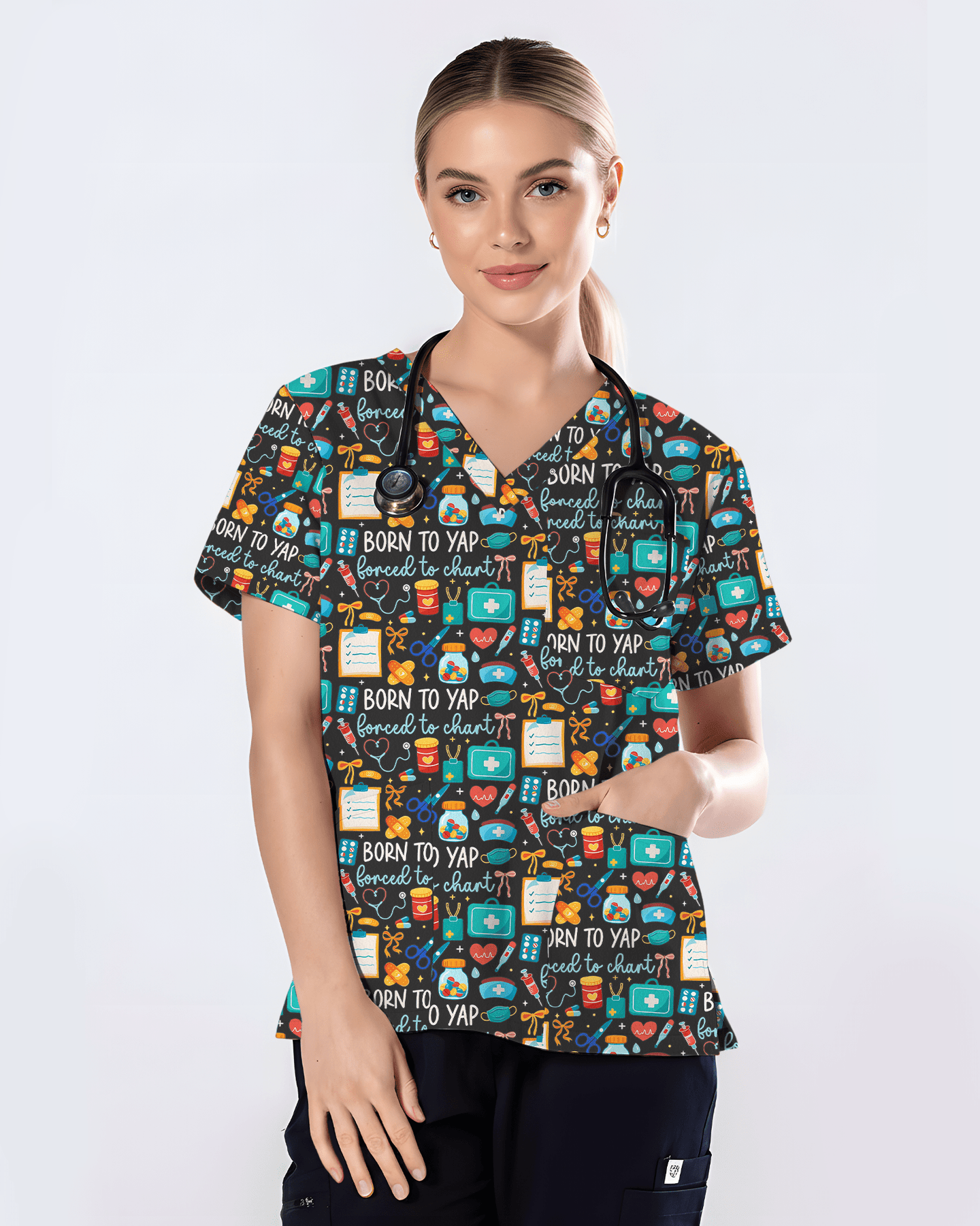 Born To Yap Forced To Chart Funny Nurse Scrub Top - Scrubloop