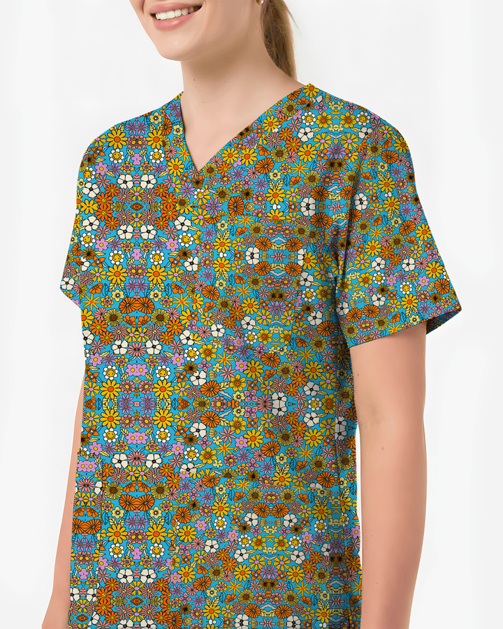 Bright Wildflower Meadow Women Scrub Top