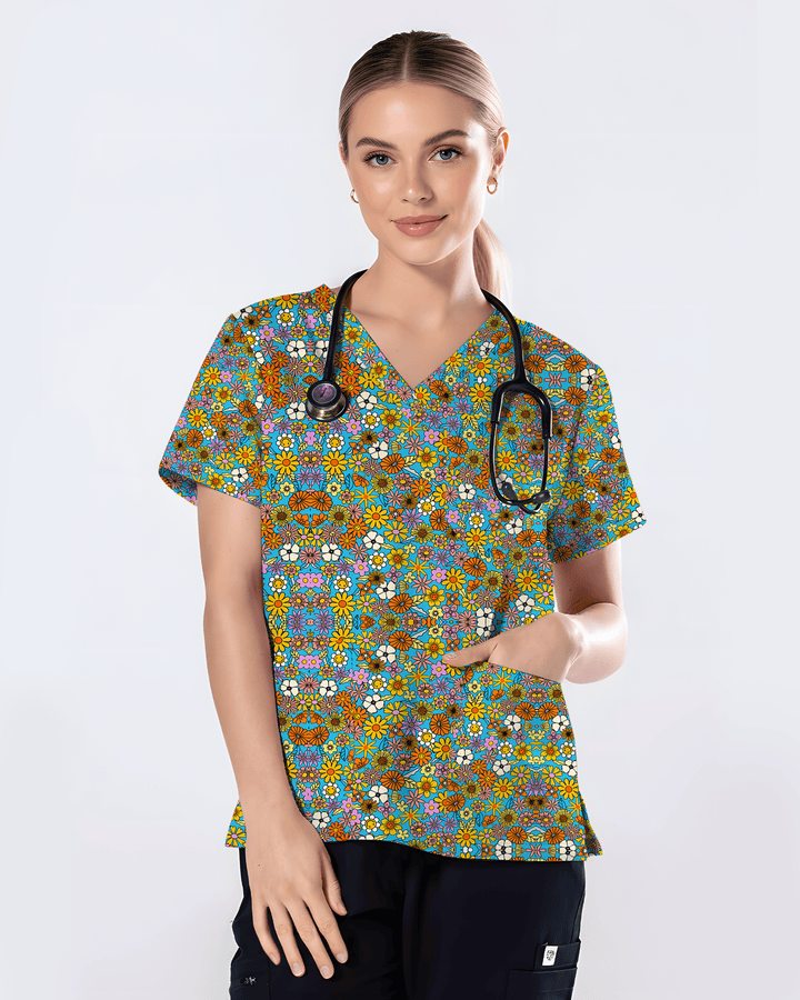 Bright Wildflower Meadow Women Scrub Top