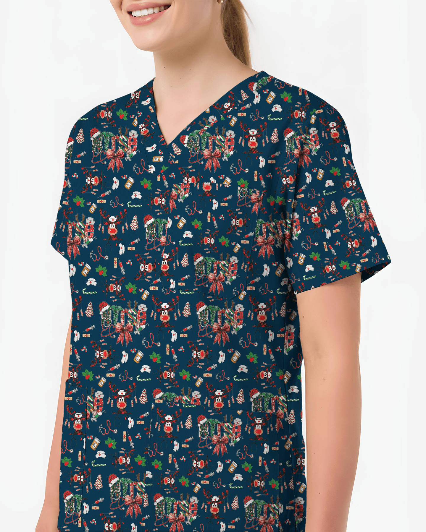 Buffalo Plaid Reindeer Christmas Nurse Scrub Top - Scrubloop