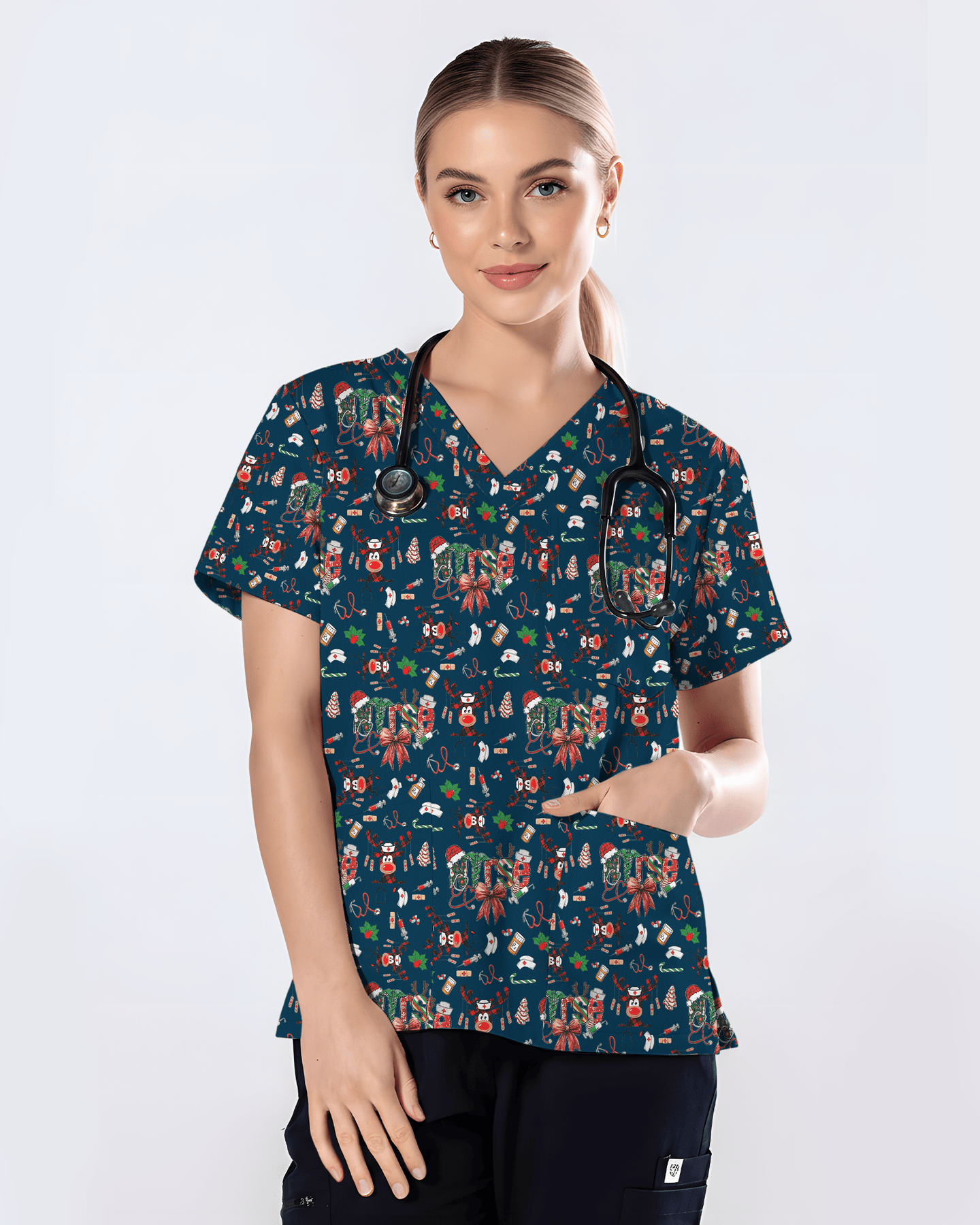 Buffalo Plaid Reindeer Christmas Nurse Scrub Top - Scrubloop