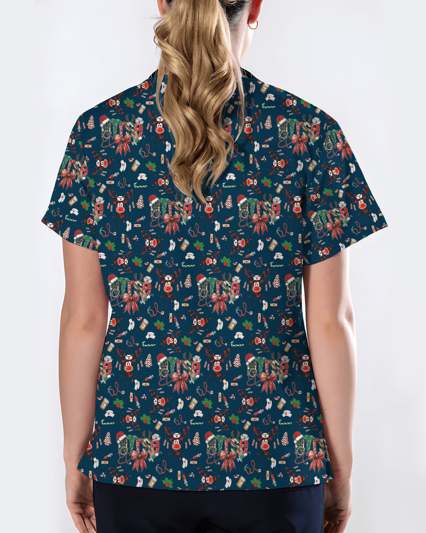Buffalo Plaid Reindeer Christmas Nurse Scrub Top - Scrubloop