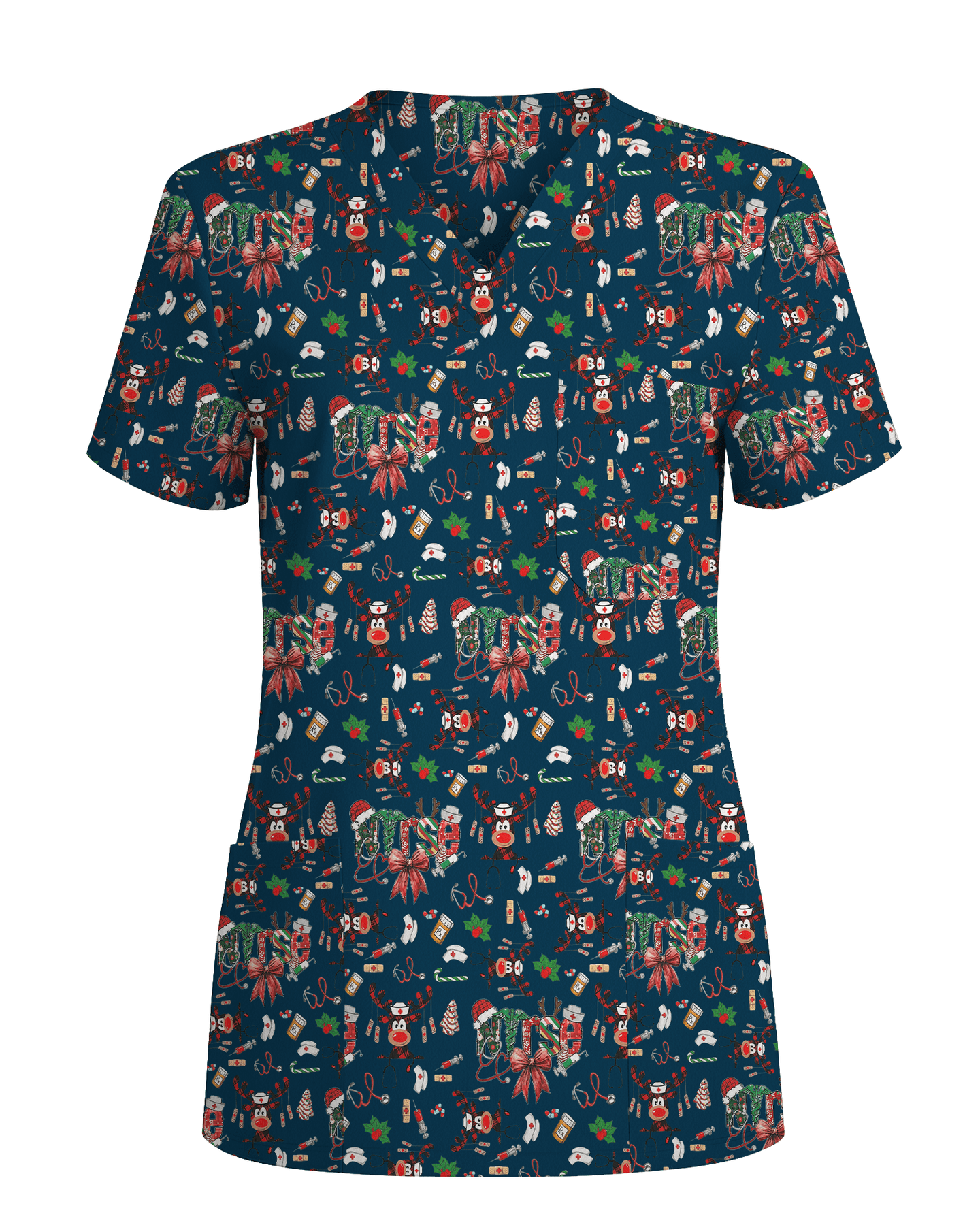 Buffalo Plaid Reindeer Christmas Nurse Scrub Top - Scrubloop
