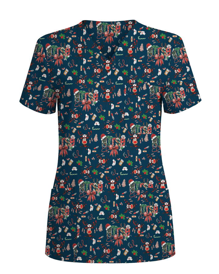 Buffalo Plaid Reindeer Christmas Nurse Scrub Top