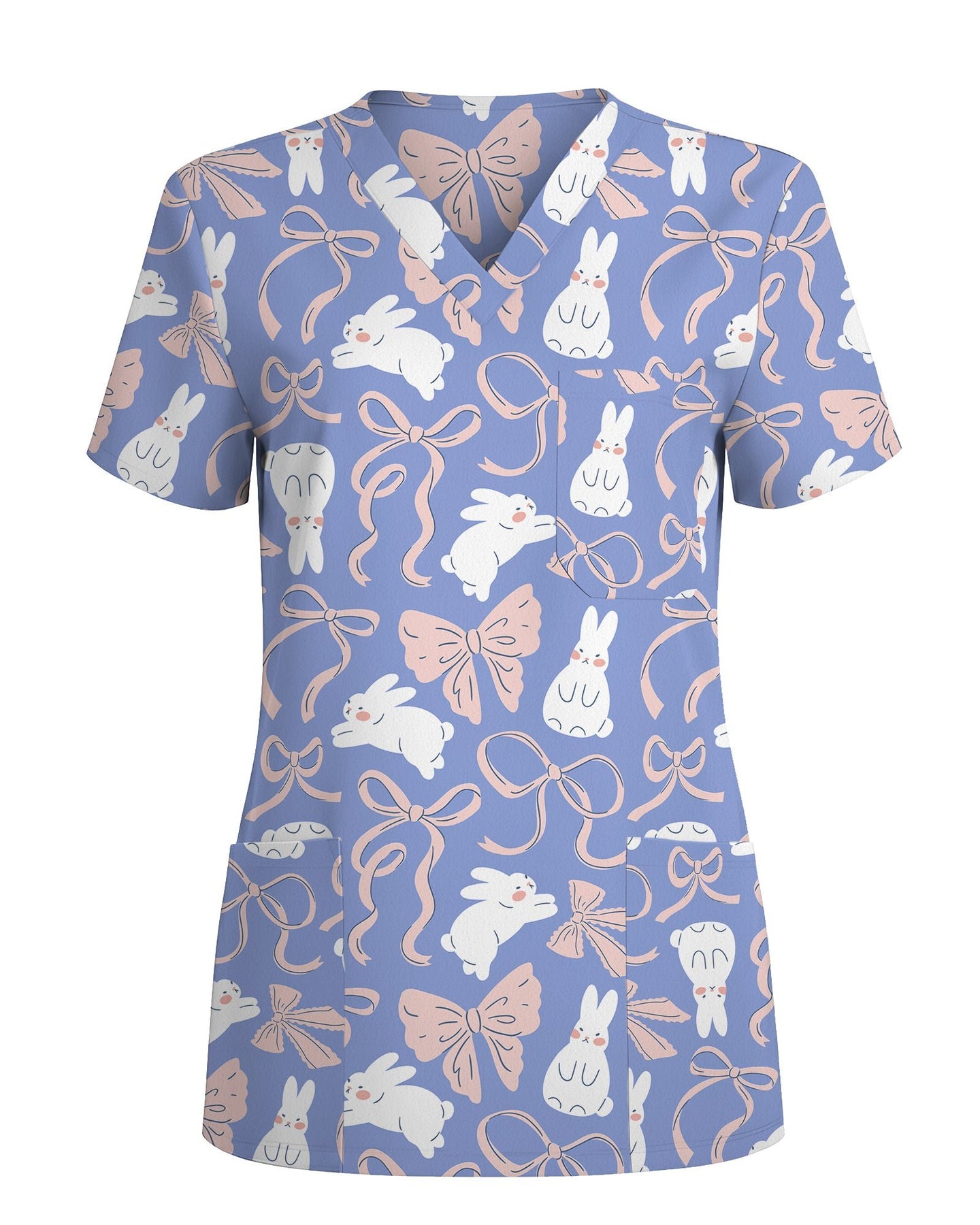 Bunny Ribbons Whimsical Spring Delight Women Scrub Top - Scrubloop