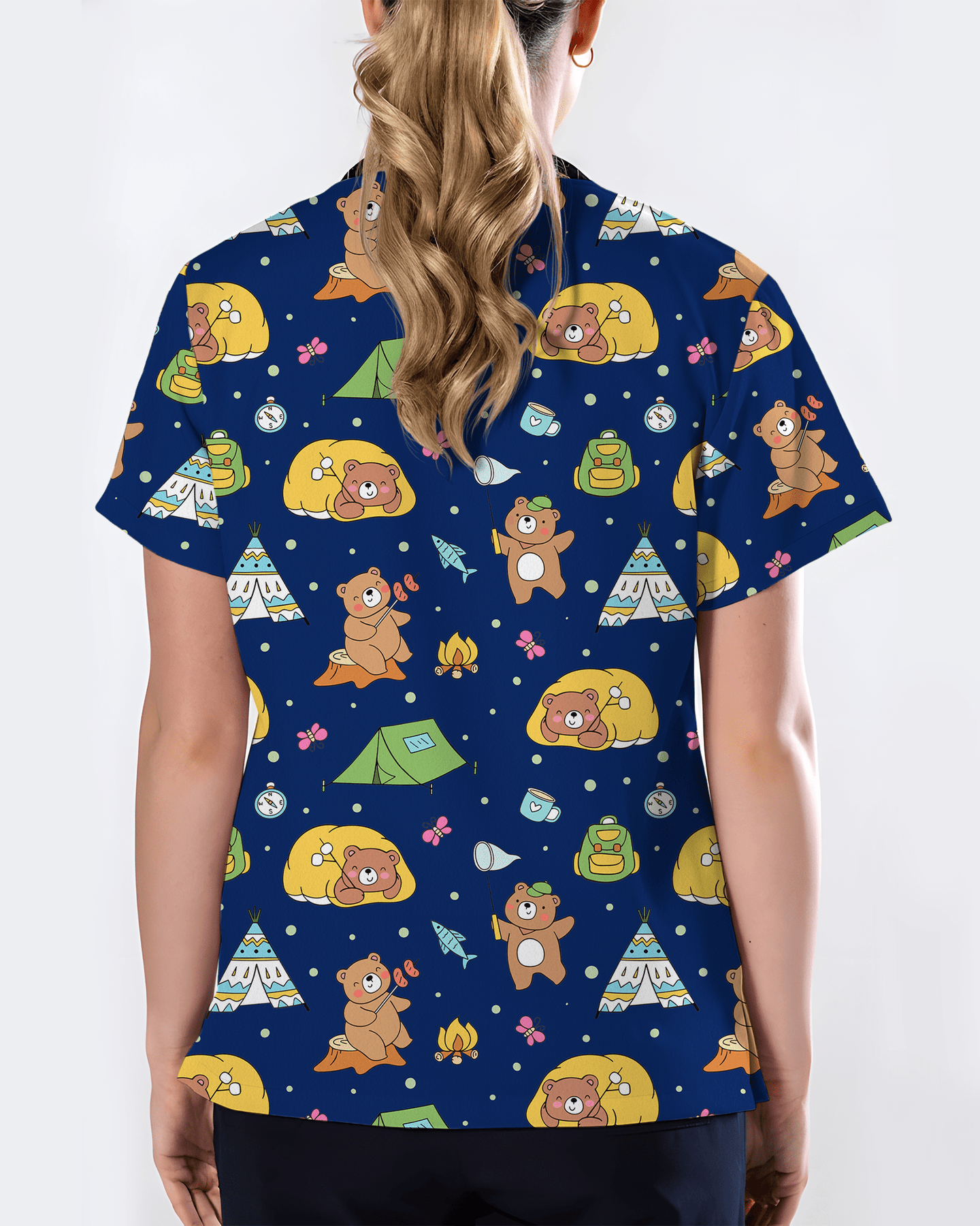 Camping Bears Cozy Woodland Adventure Women Scrub Top - Scrubloop