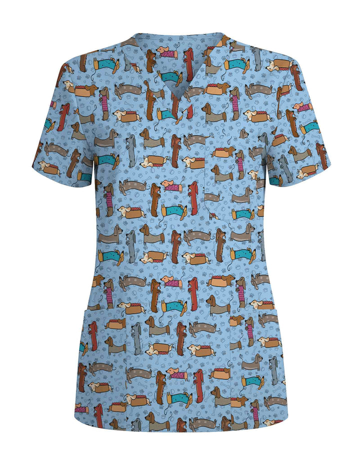 Cartoon Dachshund & Hot Dog Scrub Top