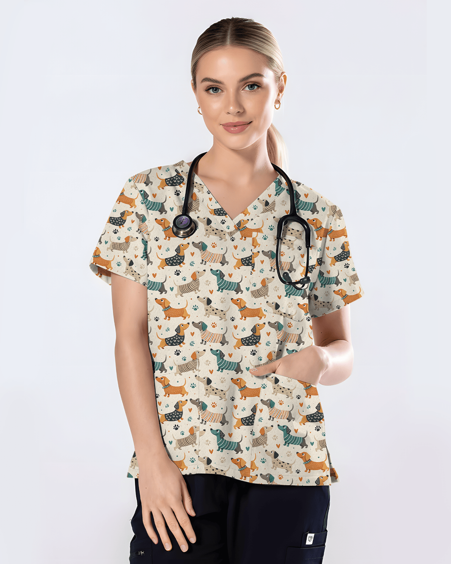 Cartoon Dachshund Variety Pack Nurse Scrub Top - Scrubloop