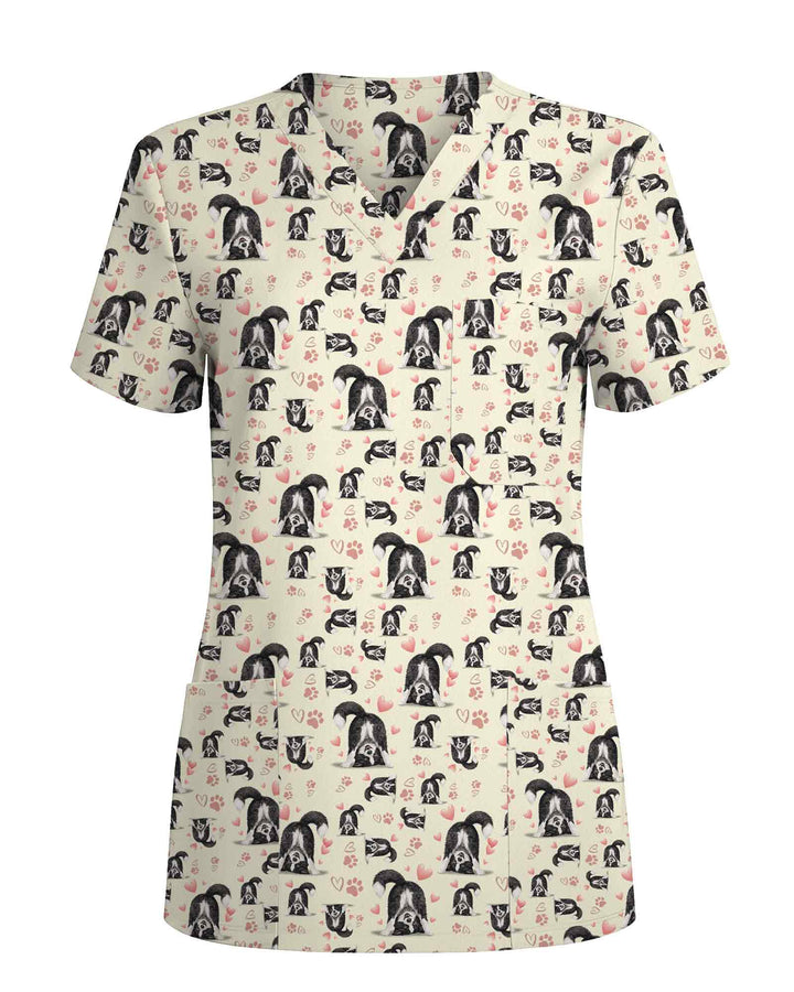 Charming Border Collie Dog Valentine Medical Scrub Top