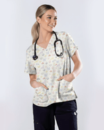 Charming Gingham Cat Dainty Floral Scrub Top - Scrubloop