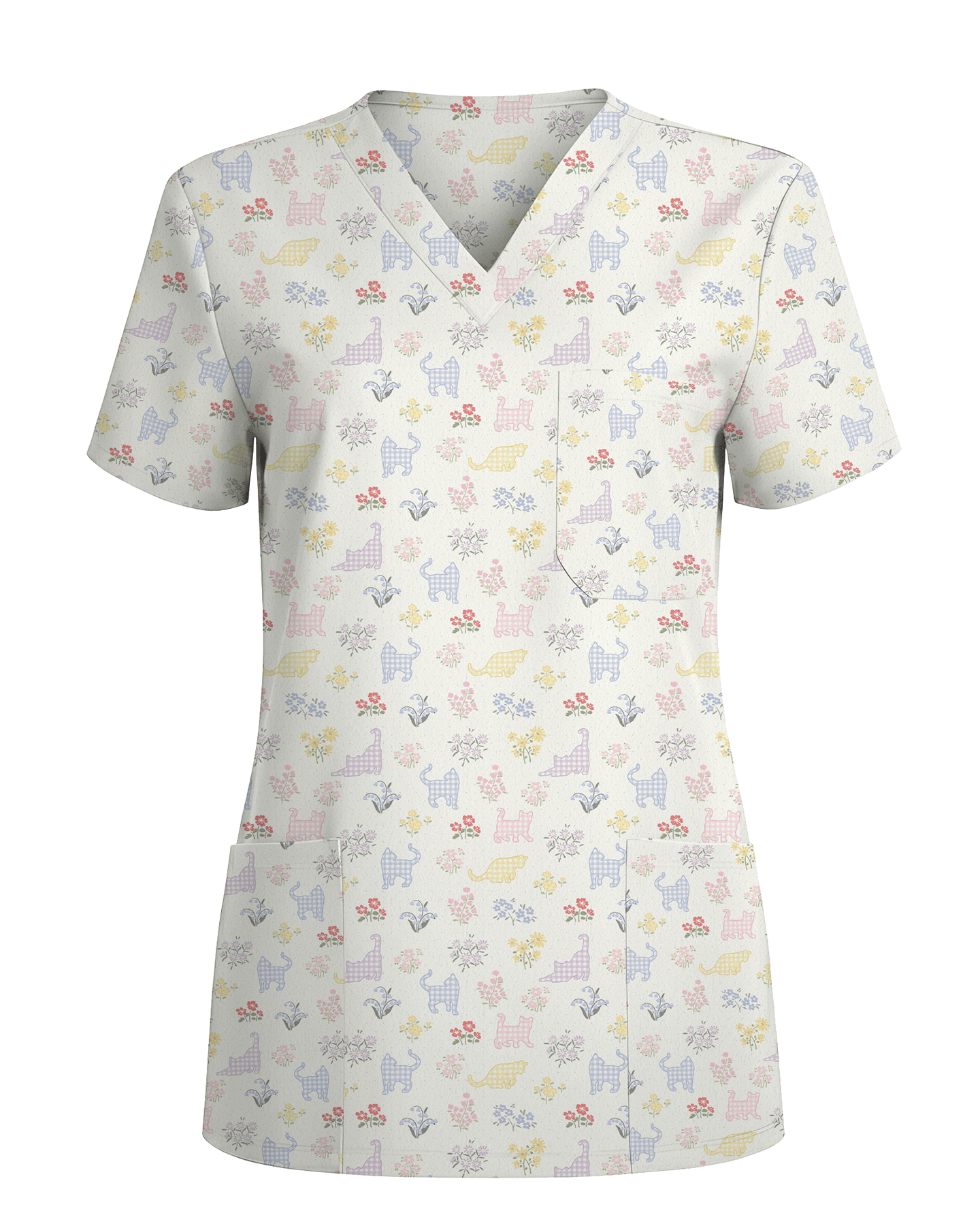 Charming Gingham Cat Dainty Floral Scrub Top - Scrubloop